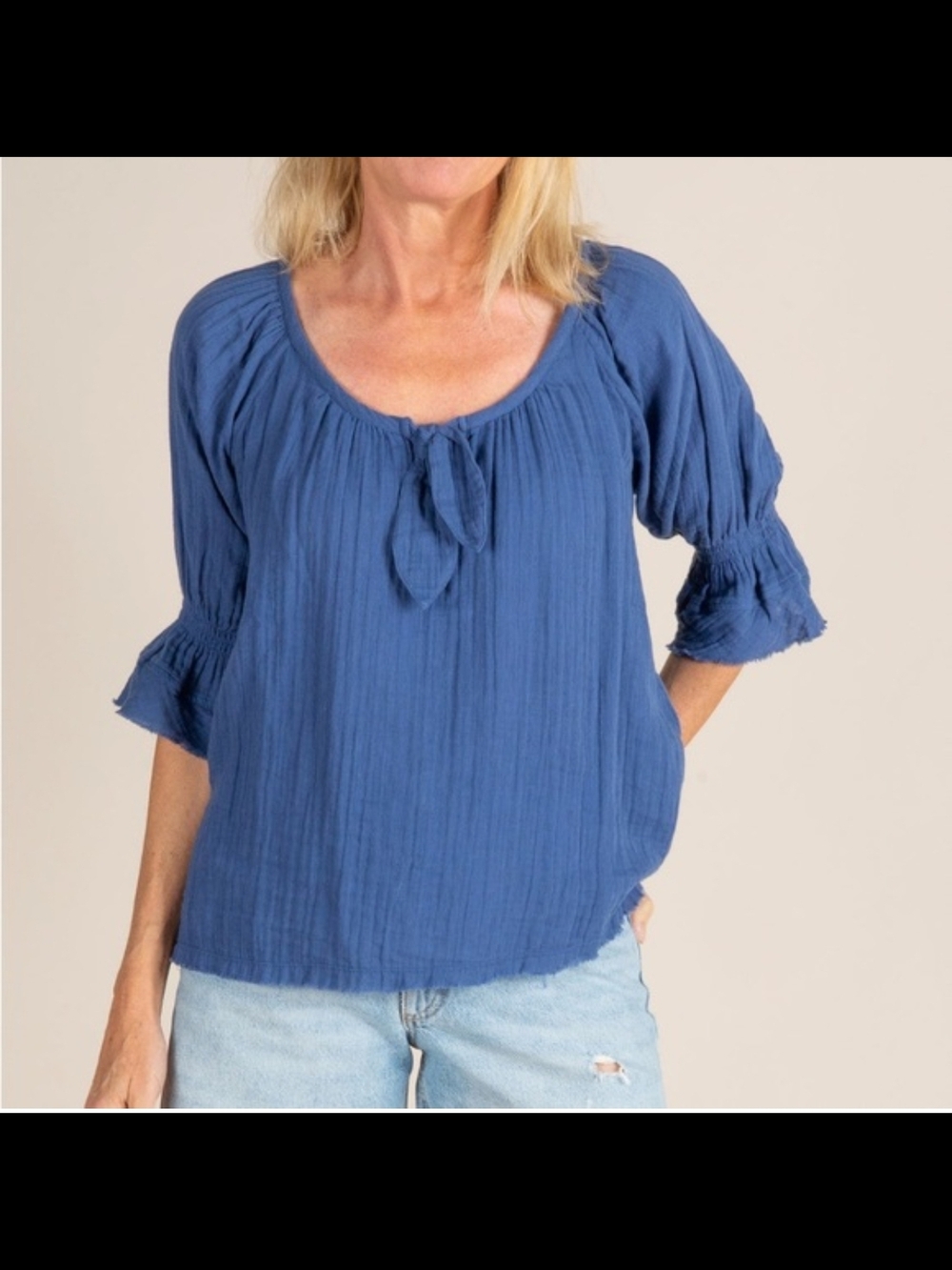 Natural Life Blue Chirp Top Cotton Gauze Boho Peasant Blouse Puff Sleeve Size M